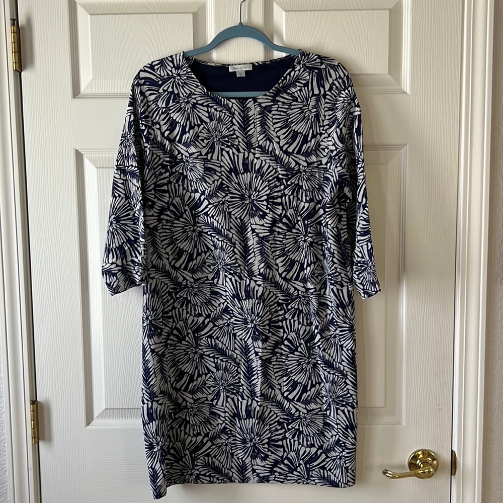 Garnet Hill 100% Silk‎ Navy & White Floral Fireworks Shift Dress, Sz 6